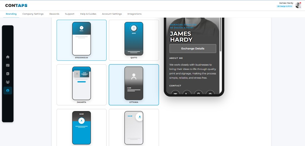 Branding settings — theme selection and live preview