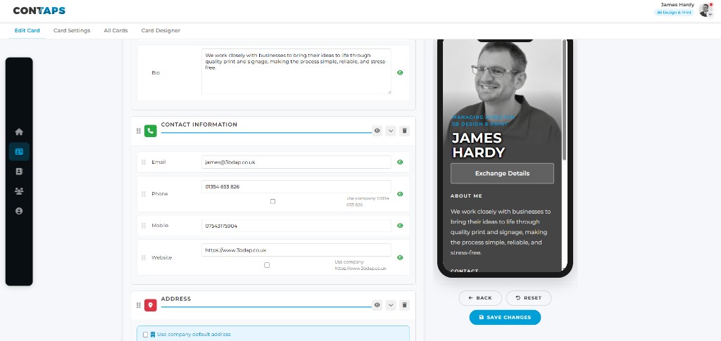 Edit card — contact information